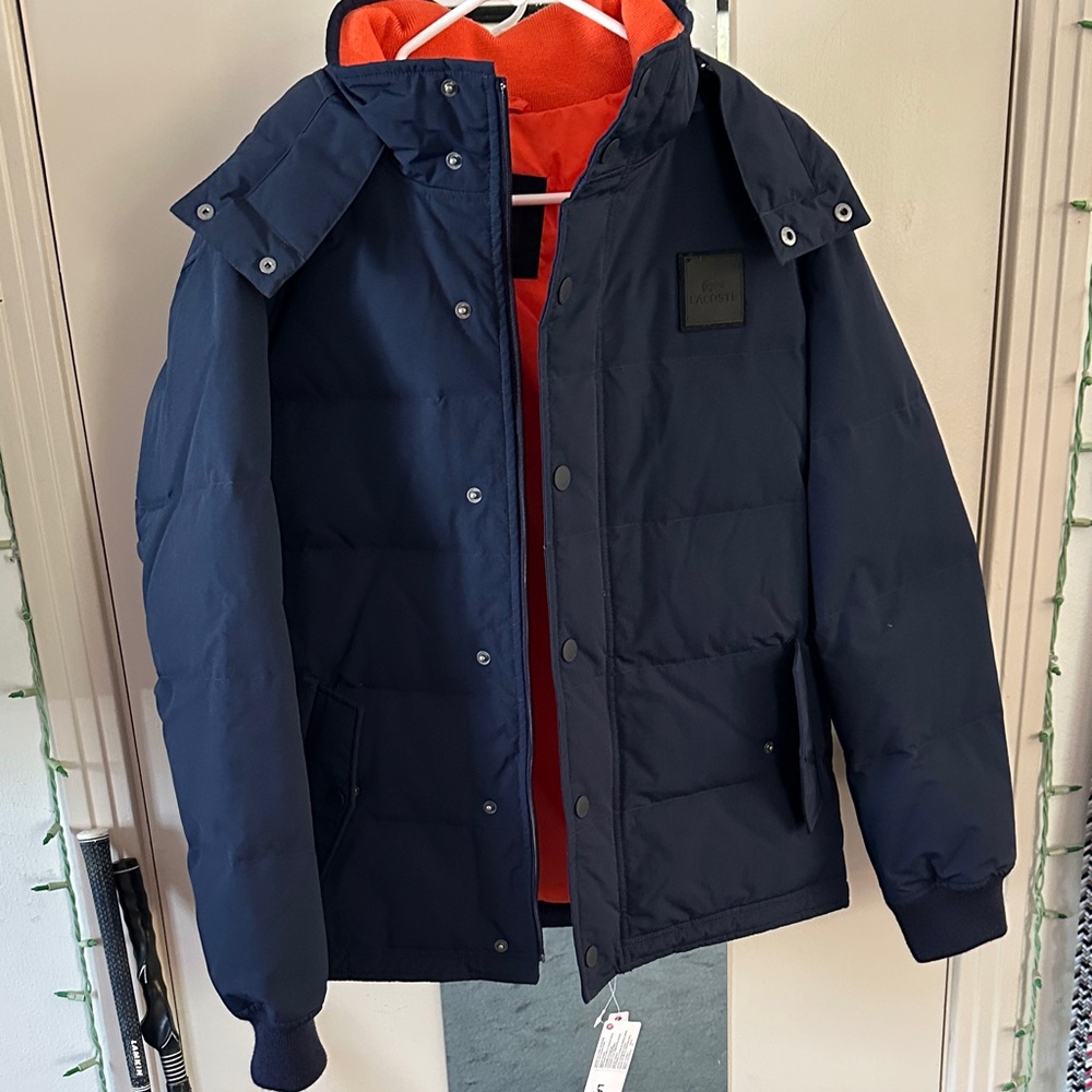 Lacoste Hoodie Bomber Puffer Down Jacket Navy Orange Men's Small 50 New w Tags